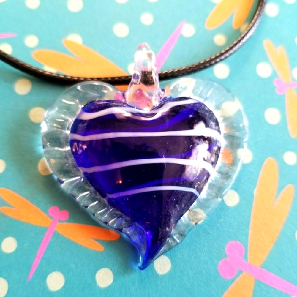 Glass Heart necklace blue black silver tone